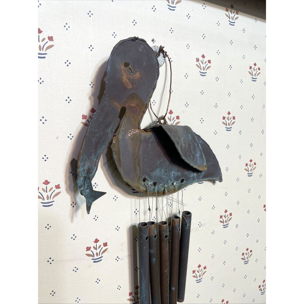 Vintage Handmade Patinated Copper Pelican Wind Chime Folk Art 20” Rustic